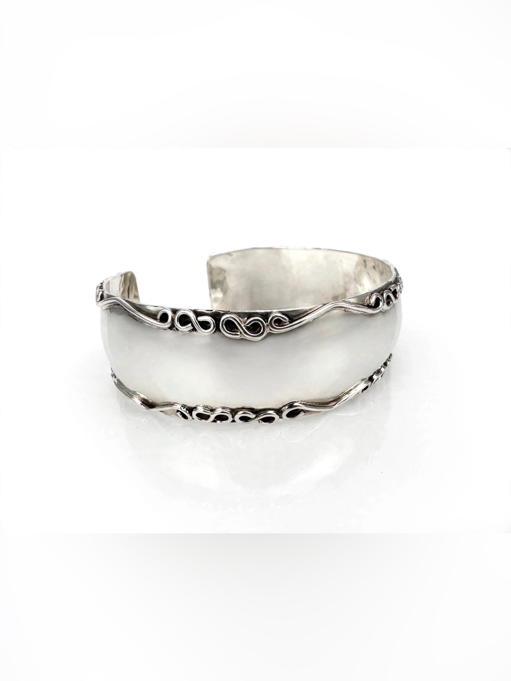 925 Sterling Silver Wide Cuff Bracelet - 28g Mirror Shine M-800 Infinity Scroll